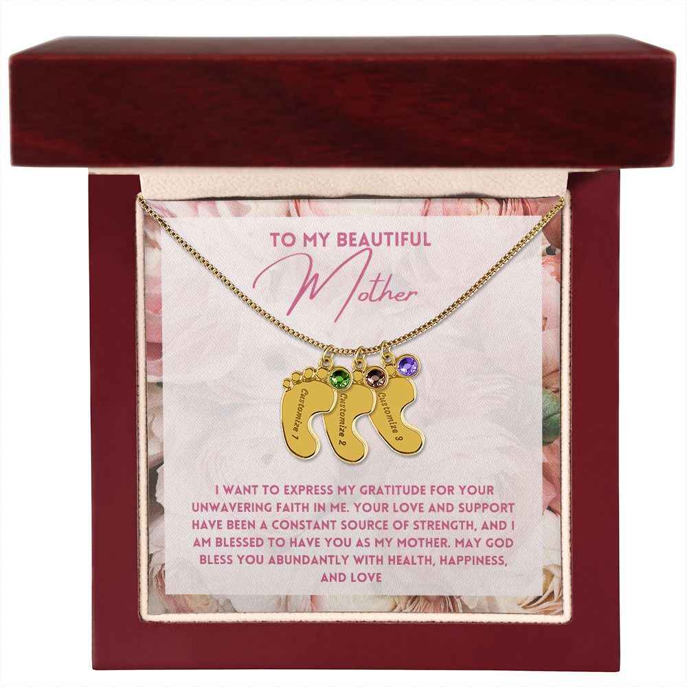 To My Mother- express my gratitude for your unwavering faith in me Custom Baby Feet Necklace with Birthstone