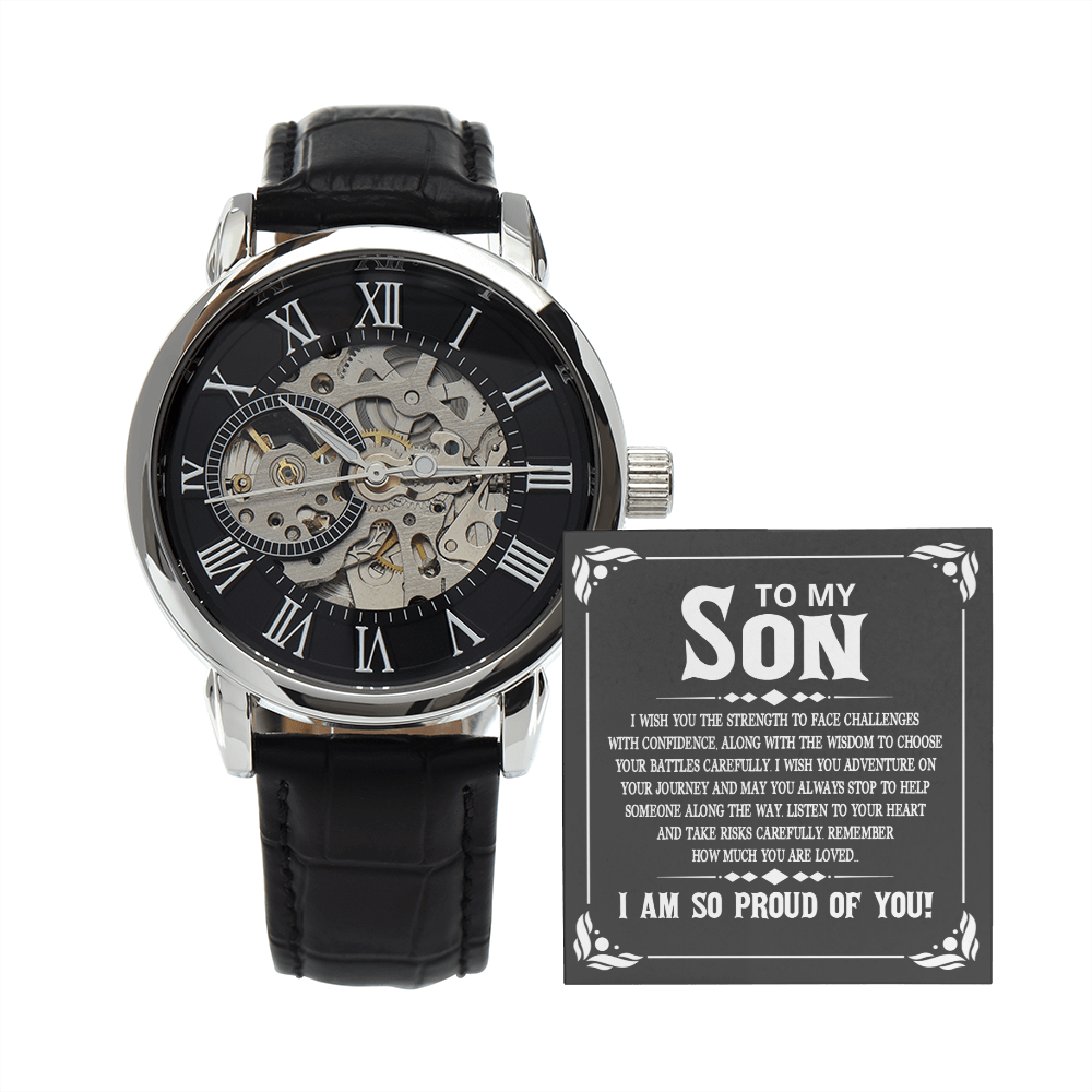 To My Son - I wish you the strength to face challenges Men's Openwork Watch With Mahogany Box - StarShineBox -