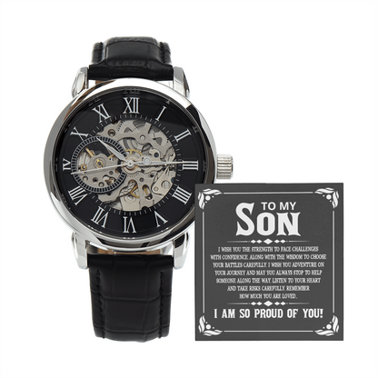 To My Son - I wish you the strength to face challenges Men's Openwork Watch With Mahogany Box - StarShineBox -