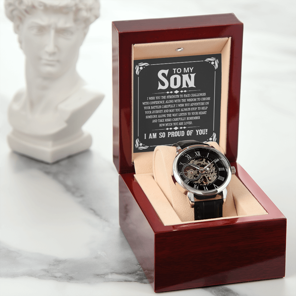 To My Son - I wish you the strength to face challenges Men's Openwork Watch With Mahogany Box - StarShineBox -