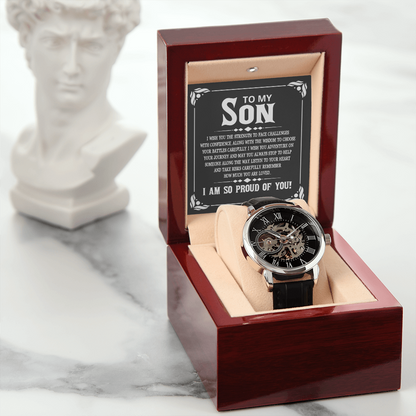To My Son - I wish you the strength to face challenges Men's Openwork Watch With Mahogany Box - StarShineBox -