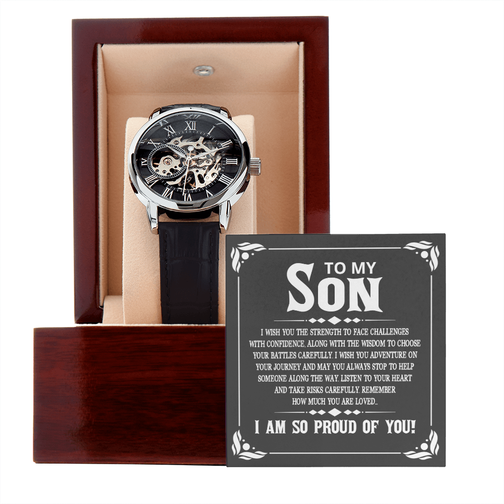To My Son - I wish you the strength to face challenges Men's Openwork Watch With Mahogany Box - StarShineBox -