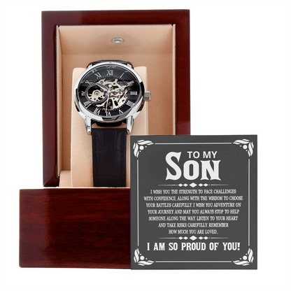 To My Son - I wish you the strength to face challenges Men's Openwork Watch With Mahogany Box - StarShineBox -