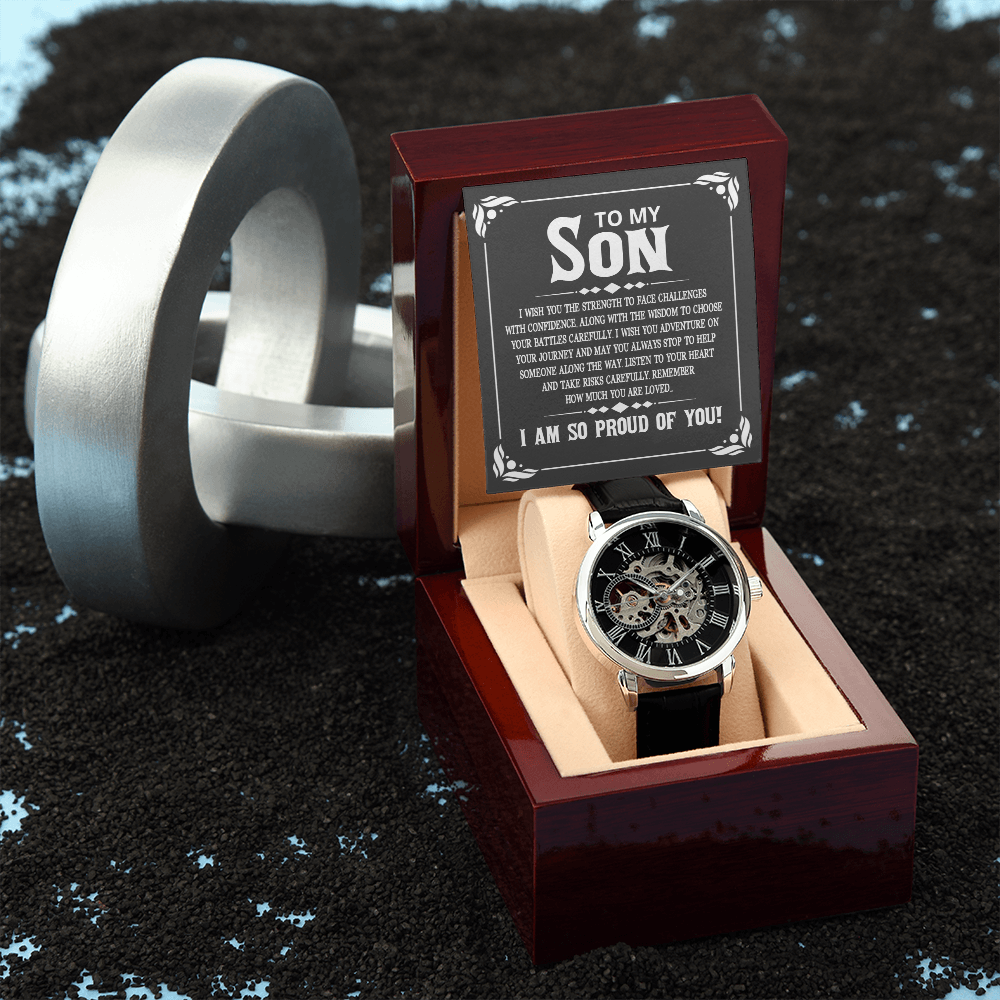 To My Son - I wish you the strength to face challenges Men's Openwork Watch With Mahogany Box - StarShineBox -