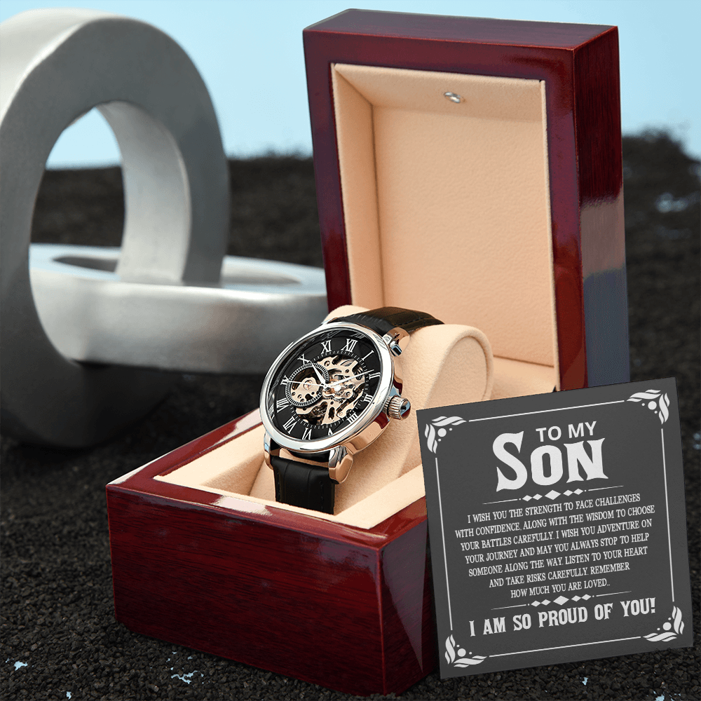 To My Son - I wish you the strength to face challenges Men's Openwork Watch With Mahogany Box - StarShineBox -