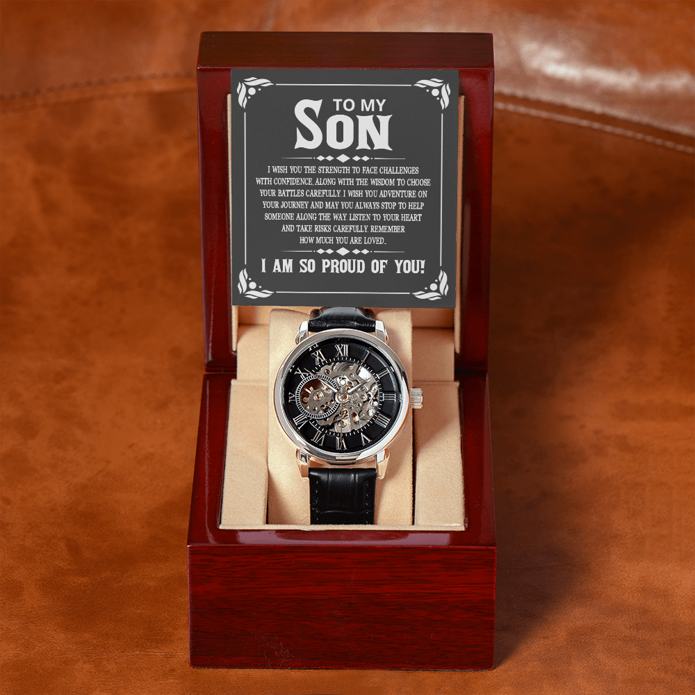 To My Son - I wish you the strength to face challenges Men's Openwork Watch With Mahogany Box - StarShineBox -