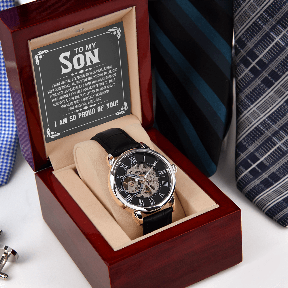 To My Son - I wish you the strength to face challenges Men's Openwork Watch With Mahogany Box - StarShineBox -
