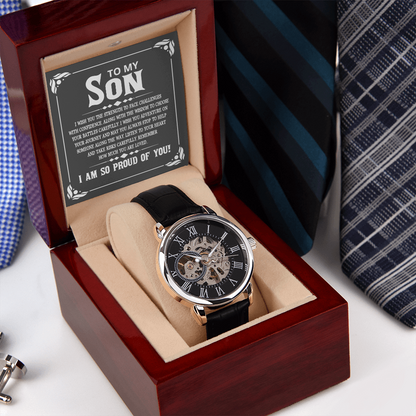 To My Son - I wish you the strength to face challenges Men's Openwork Watch With Mahogany Box - StarShineBox -