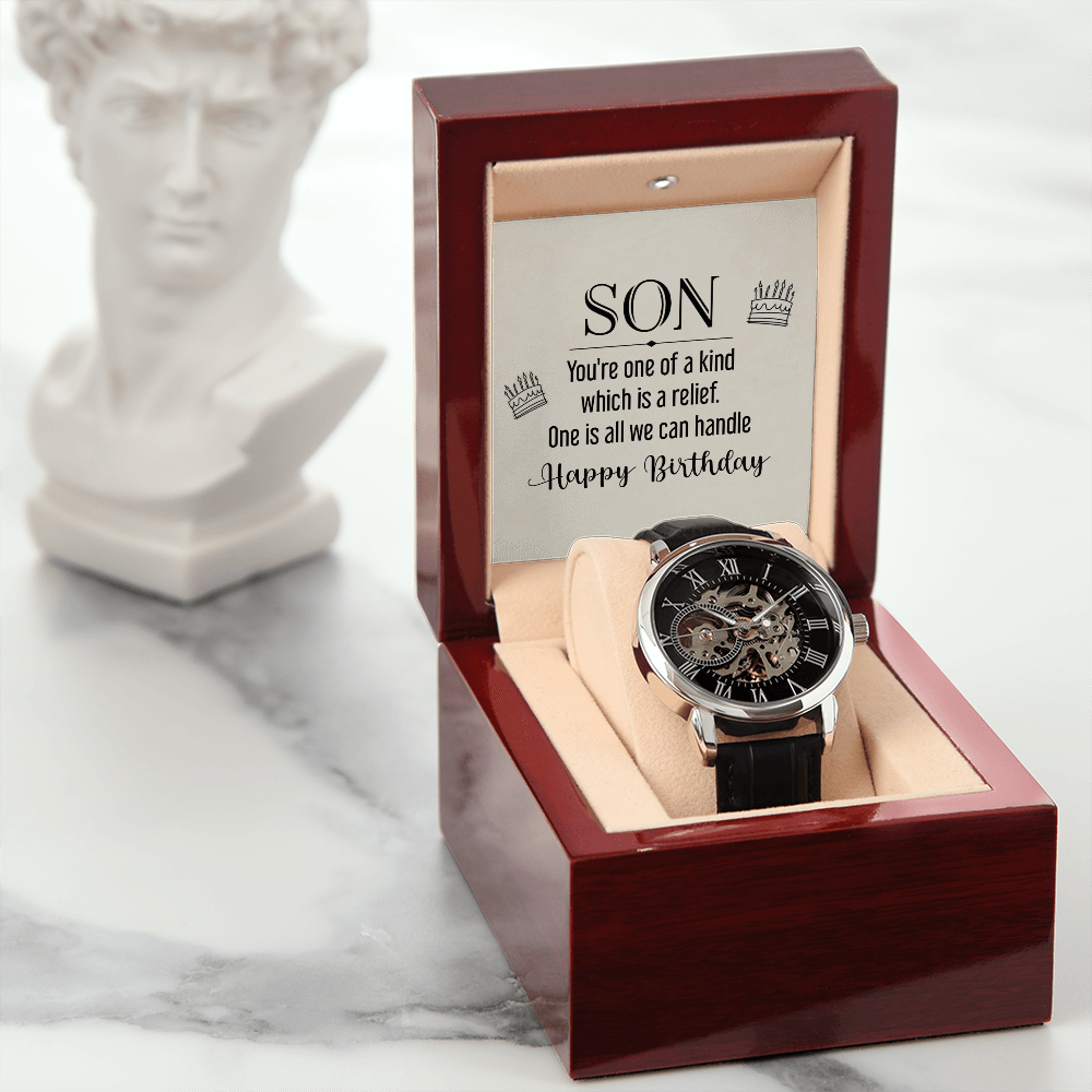 To My Son - you're one of a kind Men's Openwork Watch With Mahogany Box - StarShineBox -