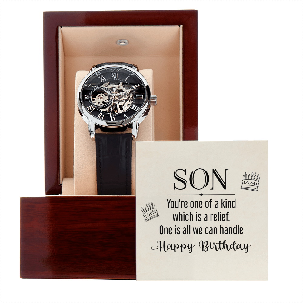 To My Son - you're one of a kind Men's Openwork Watch With Mahogany Box - StarShineBox -