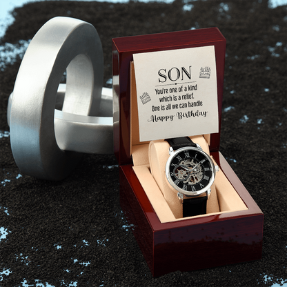 To My Son - you're one of a kind Men's Openwork Watch With Mahogany Box - StarShineBox -