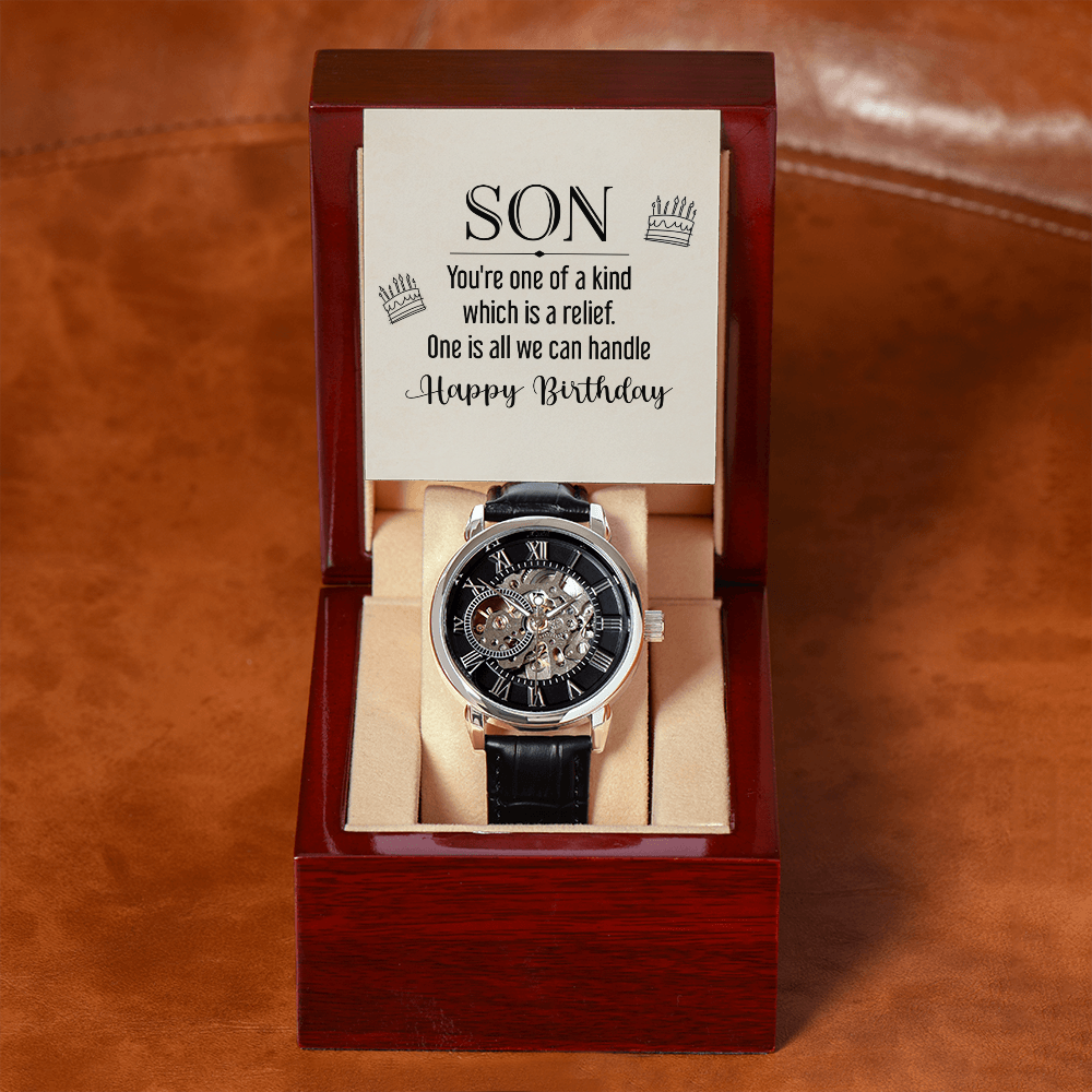 To My Son - you're one of a kind Men's Openwork Watch With Mahogany Box - StarShineBox -
