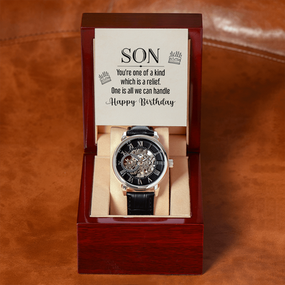 To My Son - you're one of a kind Men's Openwork Watch With Mahogany Box - StarShineBox -