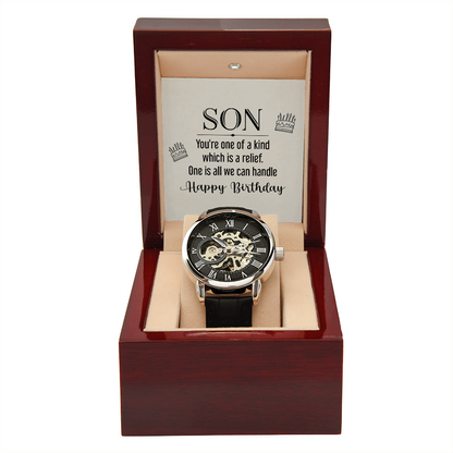 To My Son - you're one of a kind Men's Openwork Watch With Mahogany Box - StarShineBox -