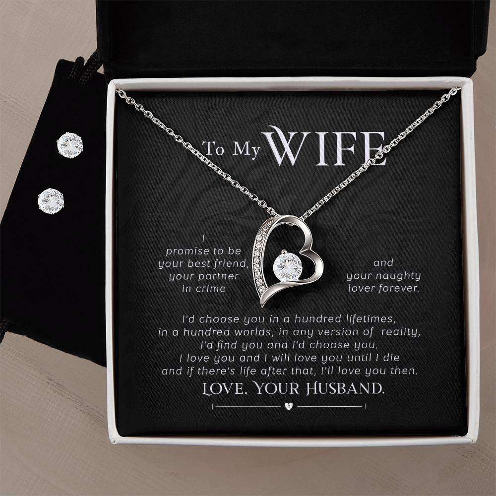 To My Wife, I promise to be your best friend, your partner in crime - Forever Love Necklace and Cubic Zirconia Earring Set - StarShineBox -