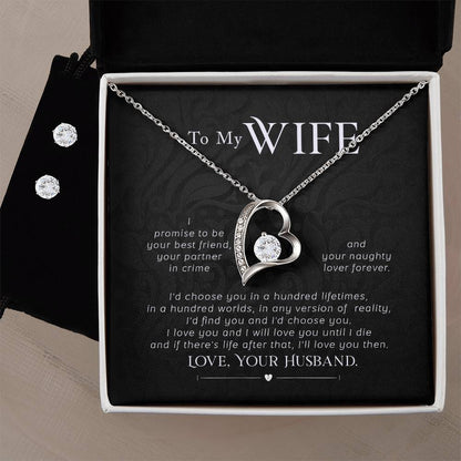 To My Wife, I promise to be your best friend, your partner in crime - Forever Love Necklace and Cubic Zirconia Earring Set - StarShineBox -