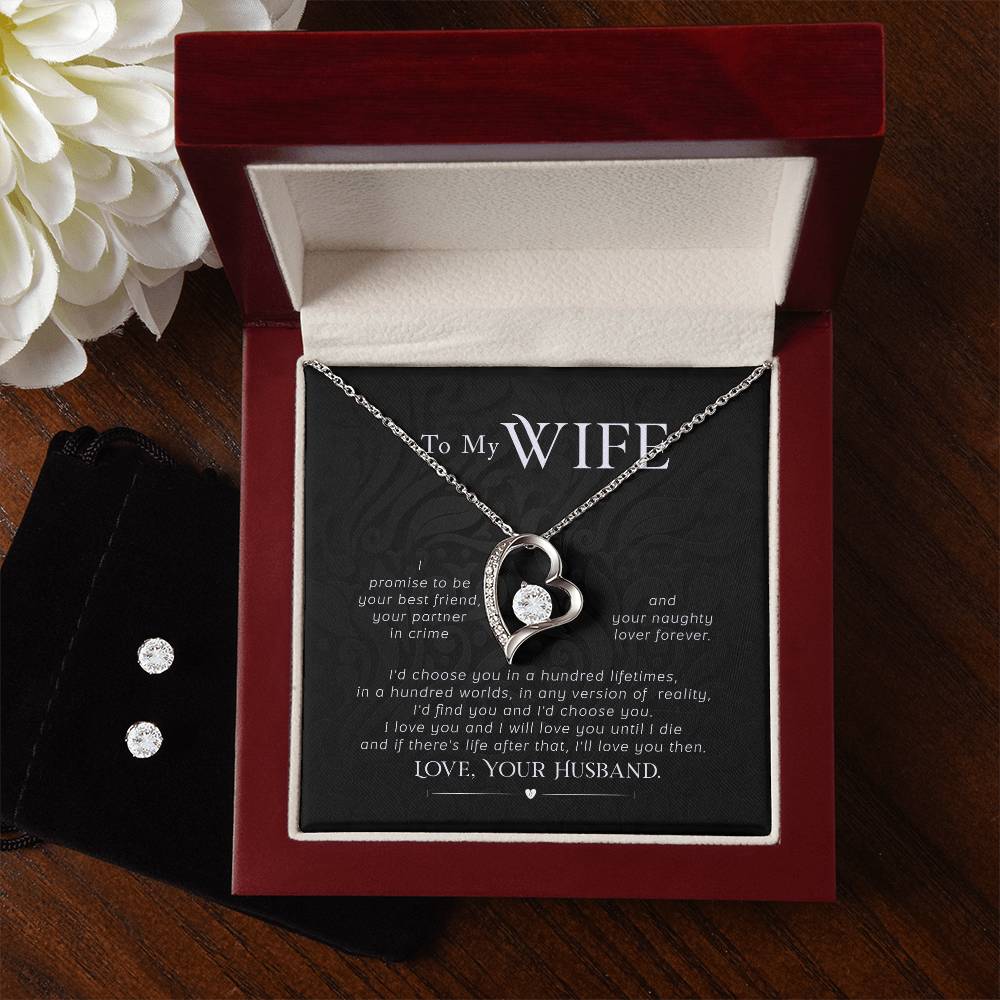 To My Wife, I promise to be your best friend, your partner in crime - Forever Love Necklace and Cubic Zirconia Earring Set - StarShineBox -