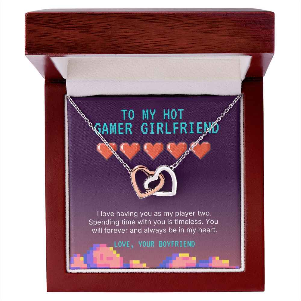 To my hot gamer girlfriend- I love having you as my player two Interlocking Hearts necklace
