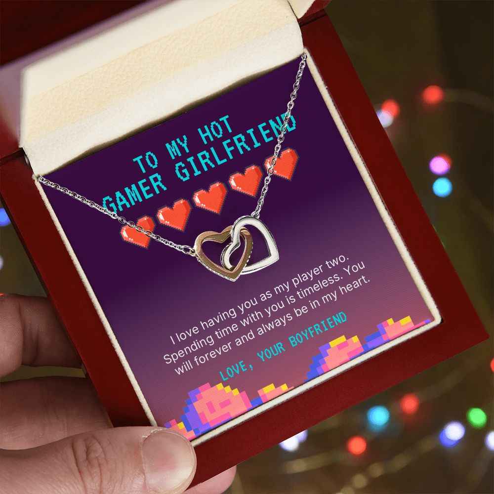 To my hot gamer girlfriend- I love having you as my player two Interlocking Hearts necklace