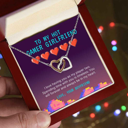 To my hot gamer girlfriend- I love having you as my player two Interlocking Hearts necklace