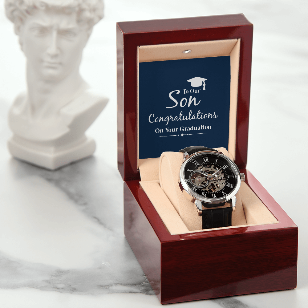 To our son- congratulations on your graduation Men's Openwork Watch With Mahogany Box - StarShineBox -