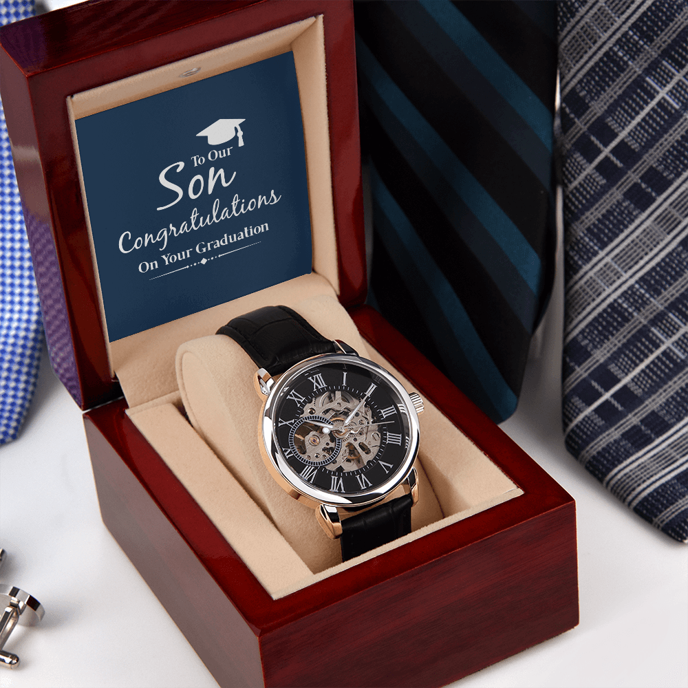 To our son- congratulations on your graduation Men's Openwork Watch With Mahogany Box - StarShineBox -