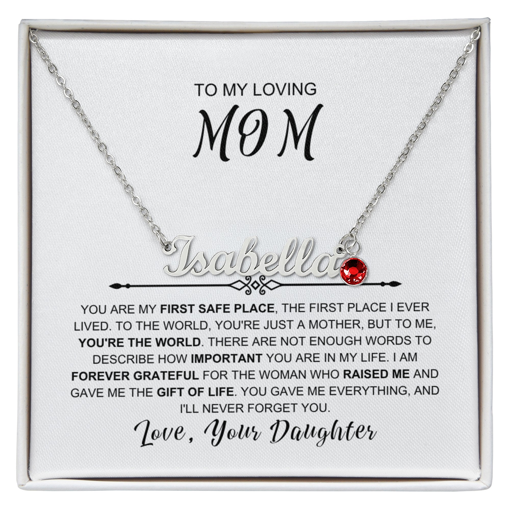 To My Loving Mom - You Are My First Safe Place Birthstone Name Necklace