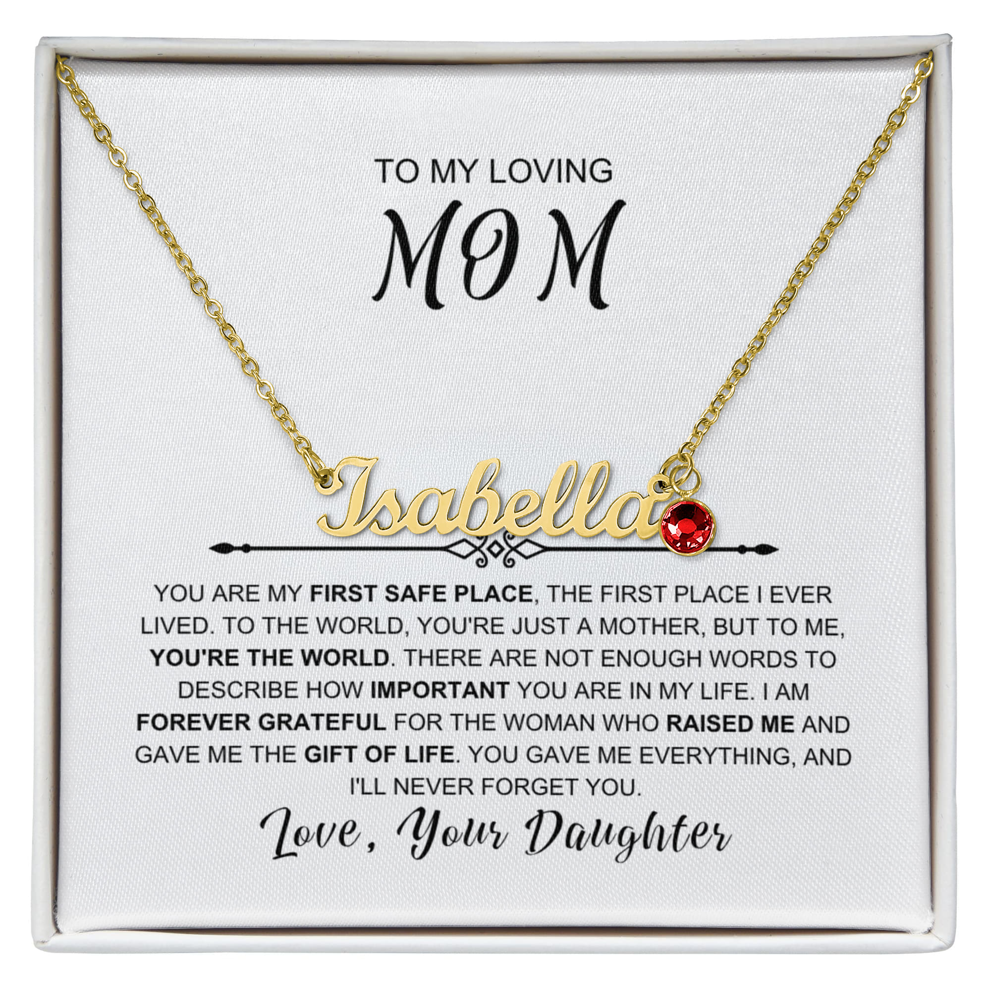 To My Loving Mom - You Are My First Safe Place Birthstone Name Necklace