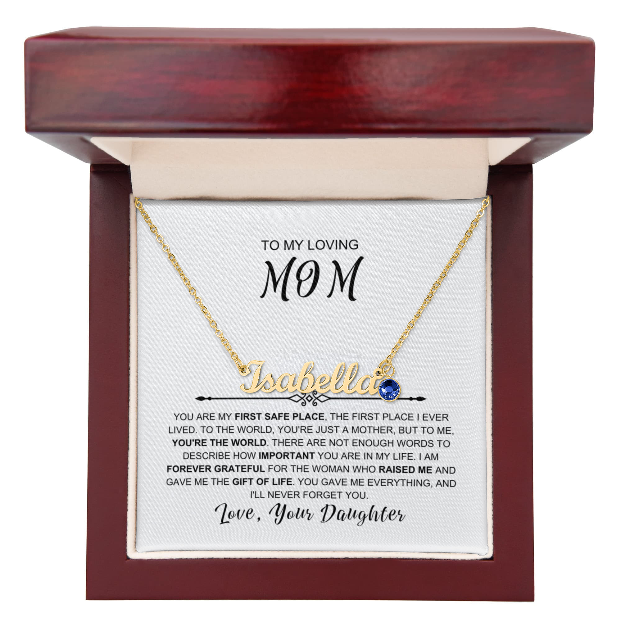 To My Loving Mom - You Are My First Safe Place Birthstone Name Necklace