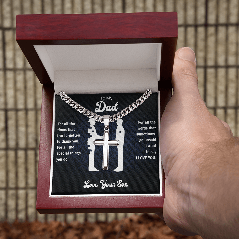 To My Dad From Son - Personalized Engraved Cross Necklace with Cuban Link Chain - Starshine Box