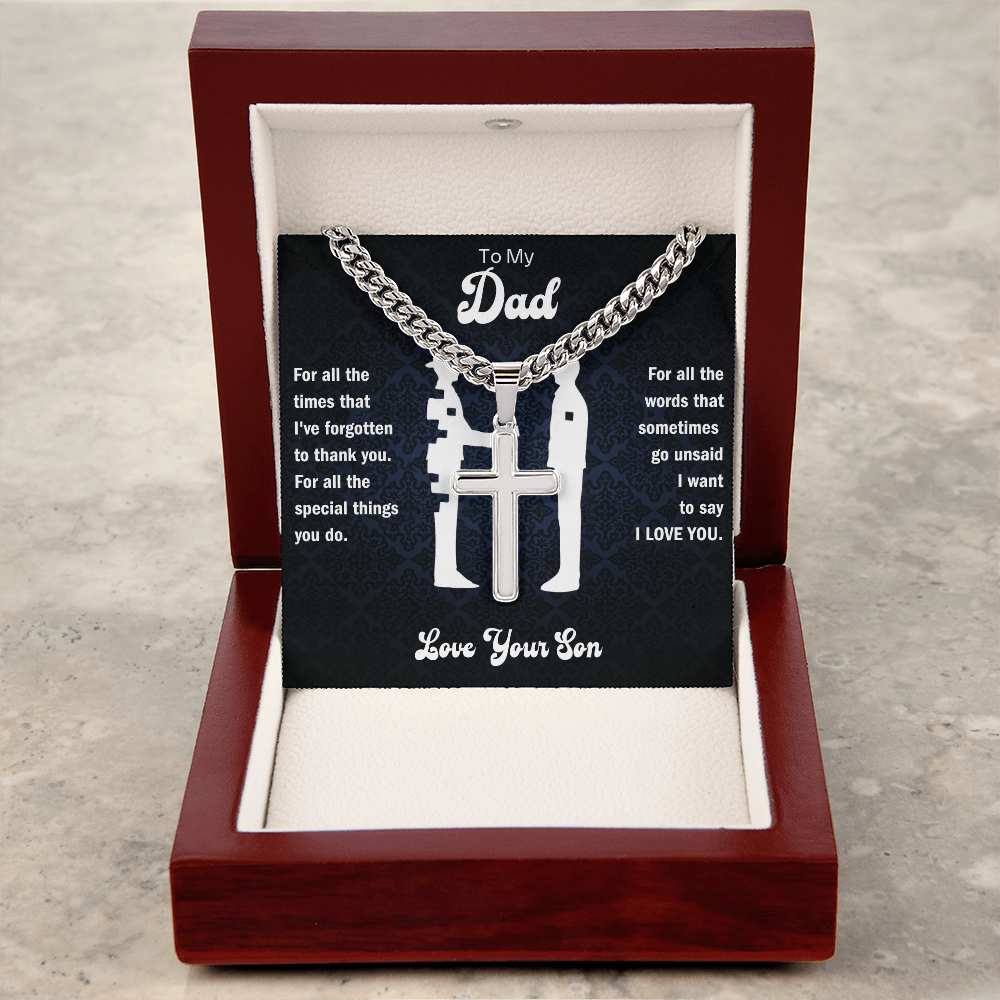 To My Dad From Son - Personalized Engraved Cross Necklace with Cuban Link Chain - Starshine Box
