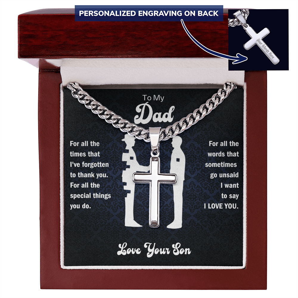 To My Dad From Son - Personalized Engraved Cross Necklace with Cuban Link Chain - Starshine Box