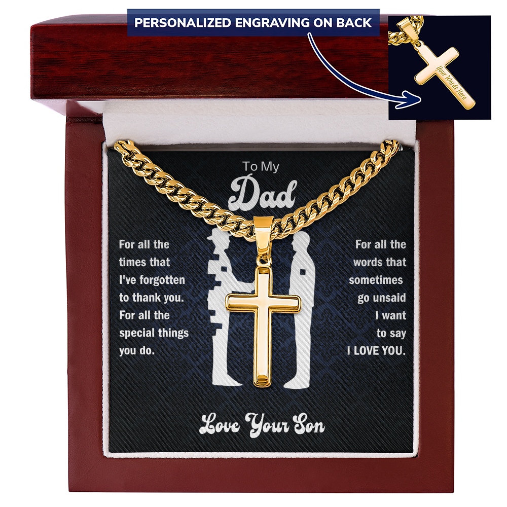 To My Dad From Son - Personalized Engraved Cross Necklace with Cuban Link Chain - Starshine Box